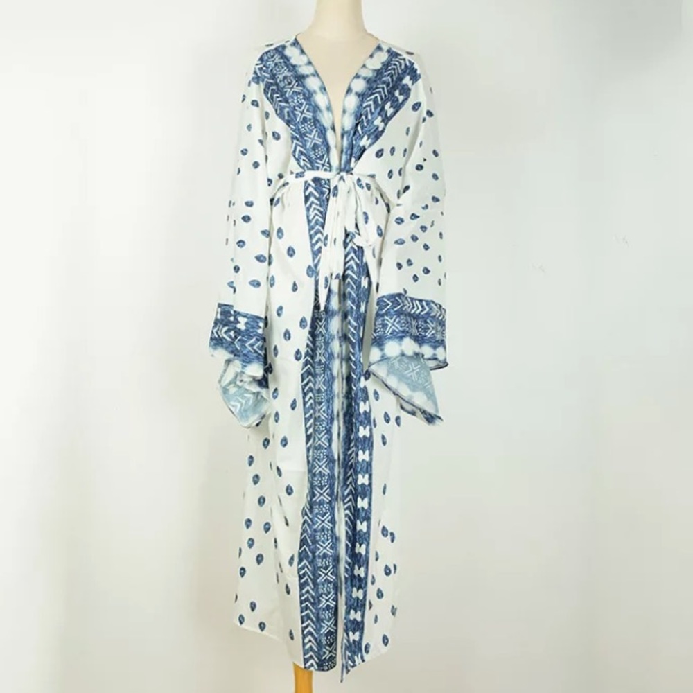SOLD OUT White & Blue Boho Tribal Kimono Duster Coverup - Picture 3 of 4